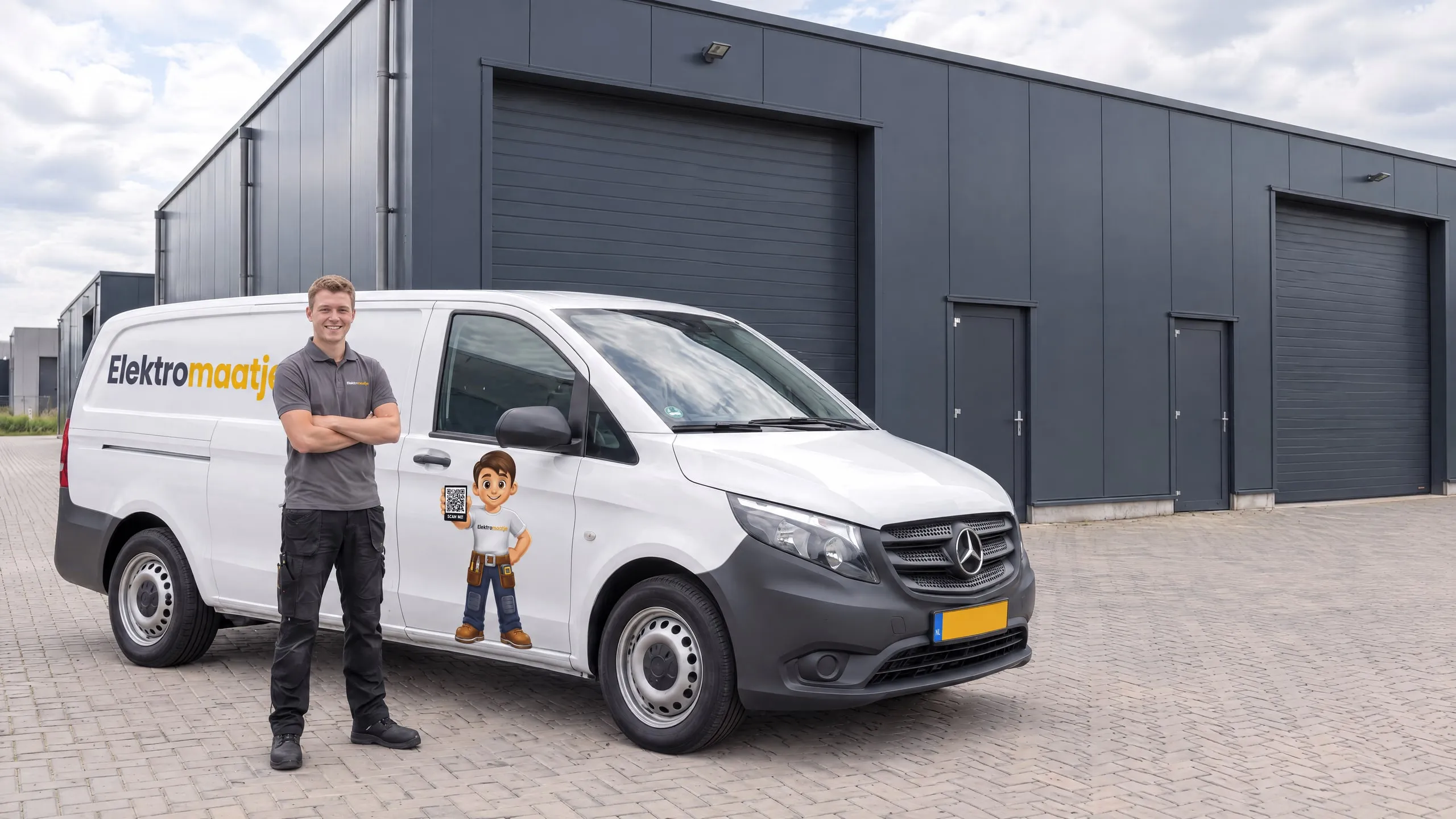 Monteur van Elektromaatje naast de bedrijfsbus met logo en mascotte